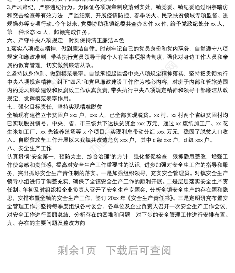 X乡镇党委书记年度述职述廉报告