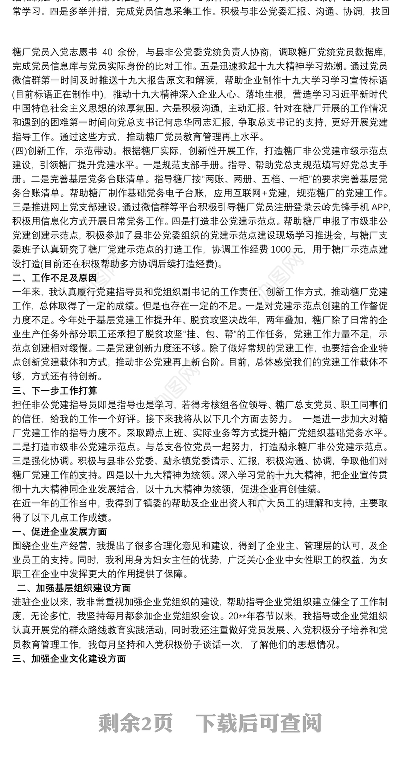 非公企业党建指导员述职报告工作总结三则