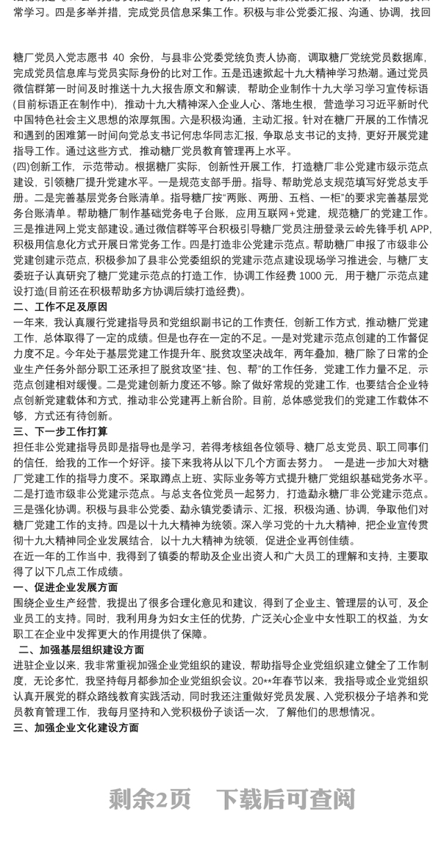 非公企业党建指导员述职报告工作总结三则