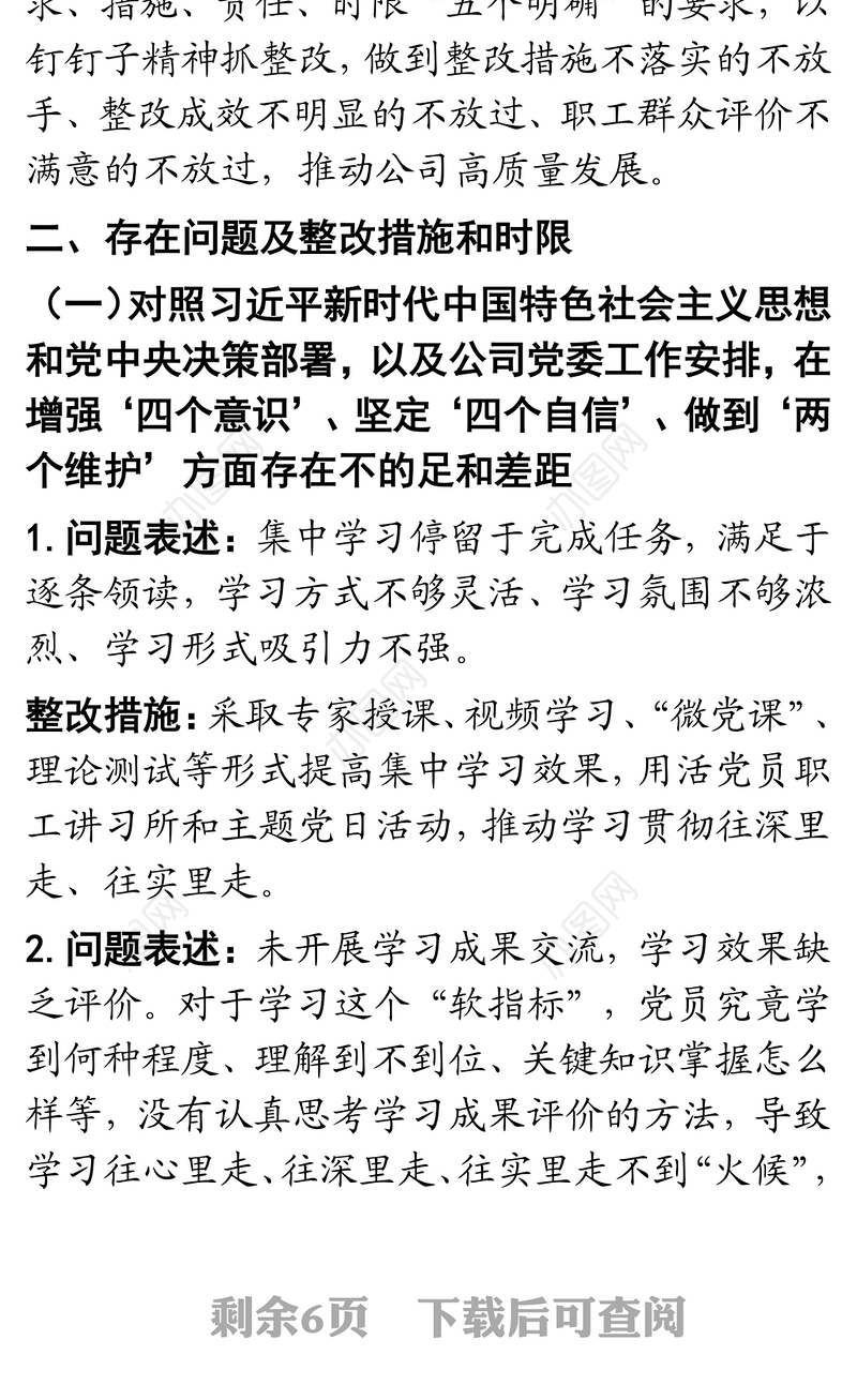 2020年公司领导班子民主生活会整改方案