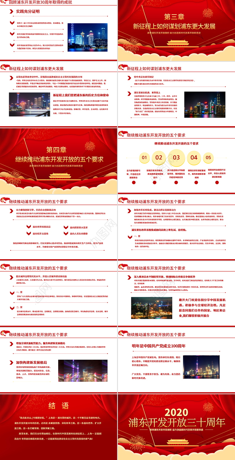 红色喜庆地域党课之上海浦东开发开放三十周年PPT模板