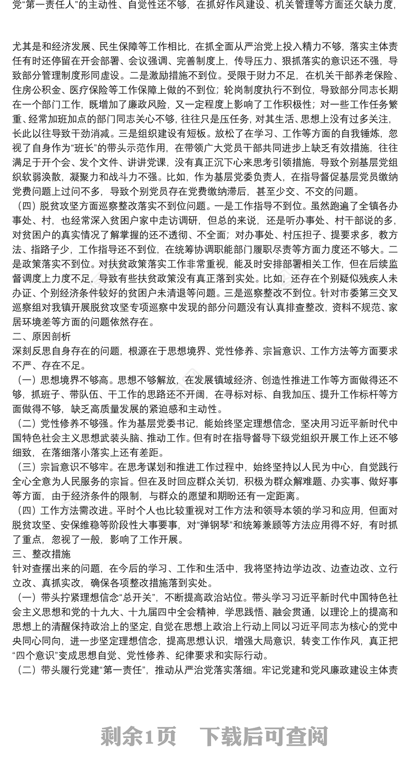 乡镇党委书记巡察整改专题民主生活会对照检查材料
