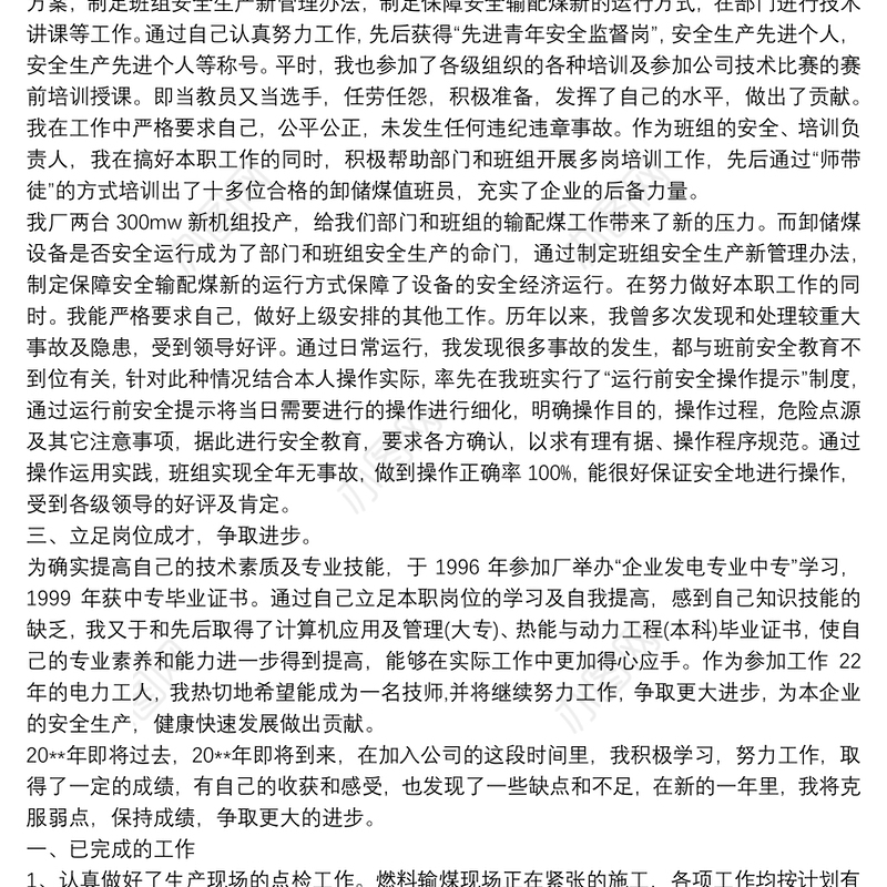 电力工人、输煤专业技术工作总结