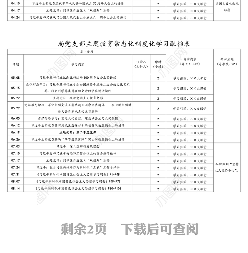 局党支部主题教育常态化制度化学习配档表