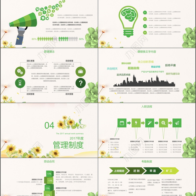 绿色向日葵清新简洁新员工入职手册PPT