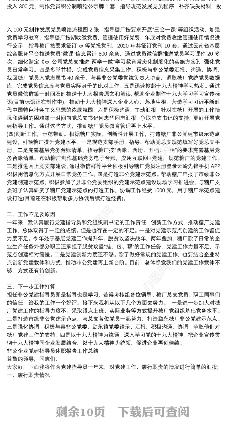 非公企业党建指导员述职报告10篇