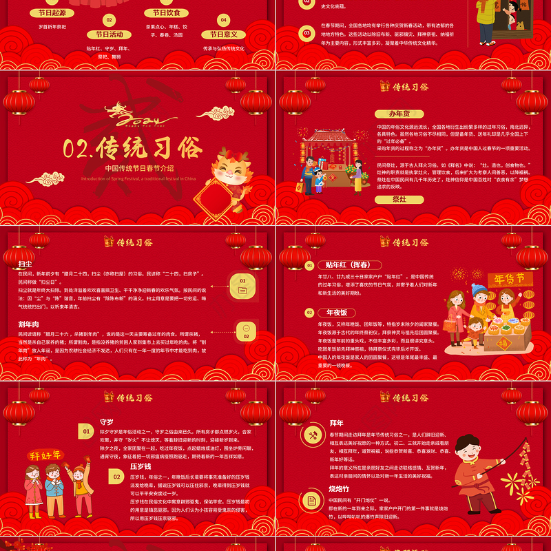 中国传统节日春节介绍PPT红色国潮风新年快乐模板