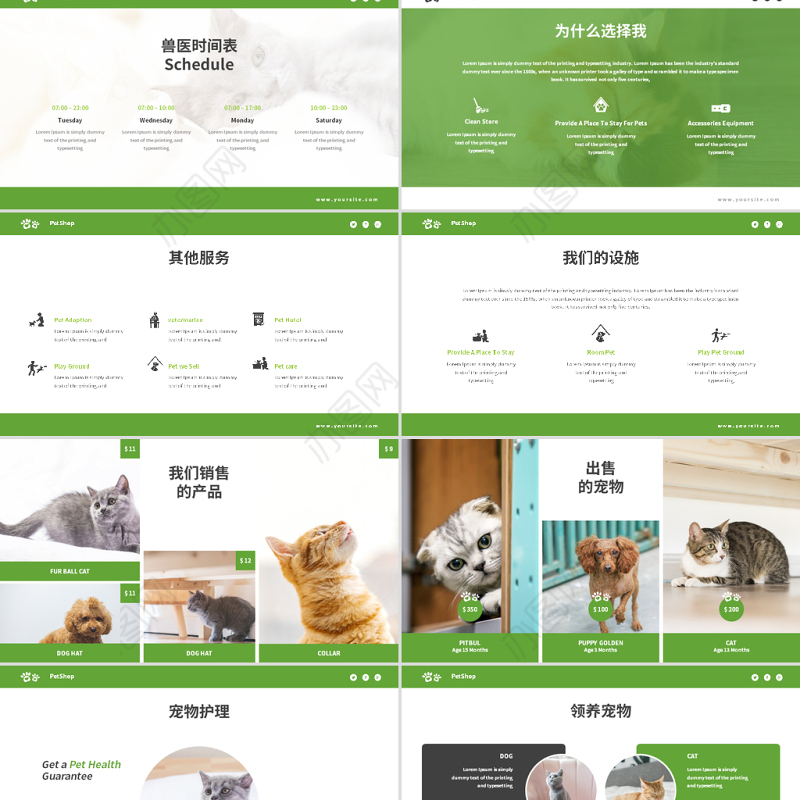 原创绿色宠物行业兽医宠物店宣传动态PPT模板-版权可商用