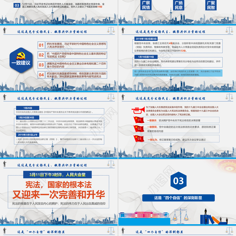 宪法诞生记党政党建蓝色简约中国风宪法修改PPT模板
