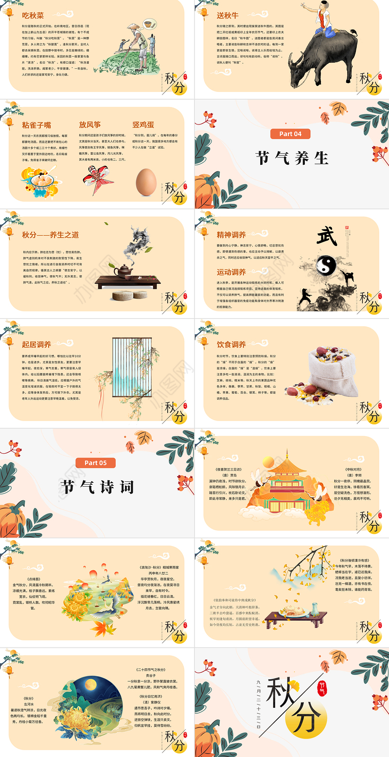 2022秋分时节PPT黄色简约风二十四节气之秋分时节课件模板