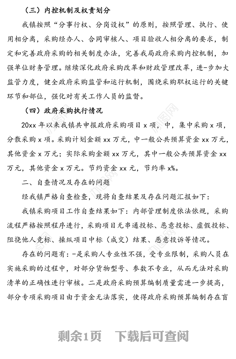 乡镇政府采购项目自查情况报告范文