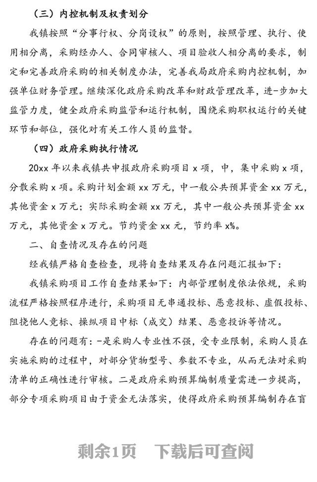 乡镇政府采购项目自查情况报告范文