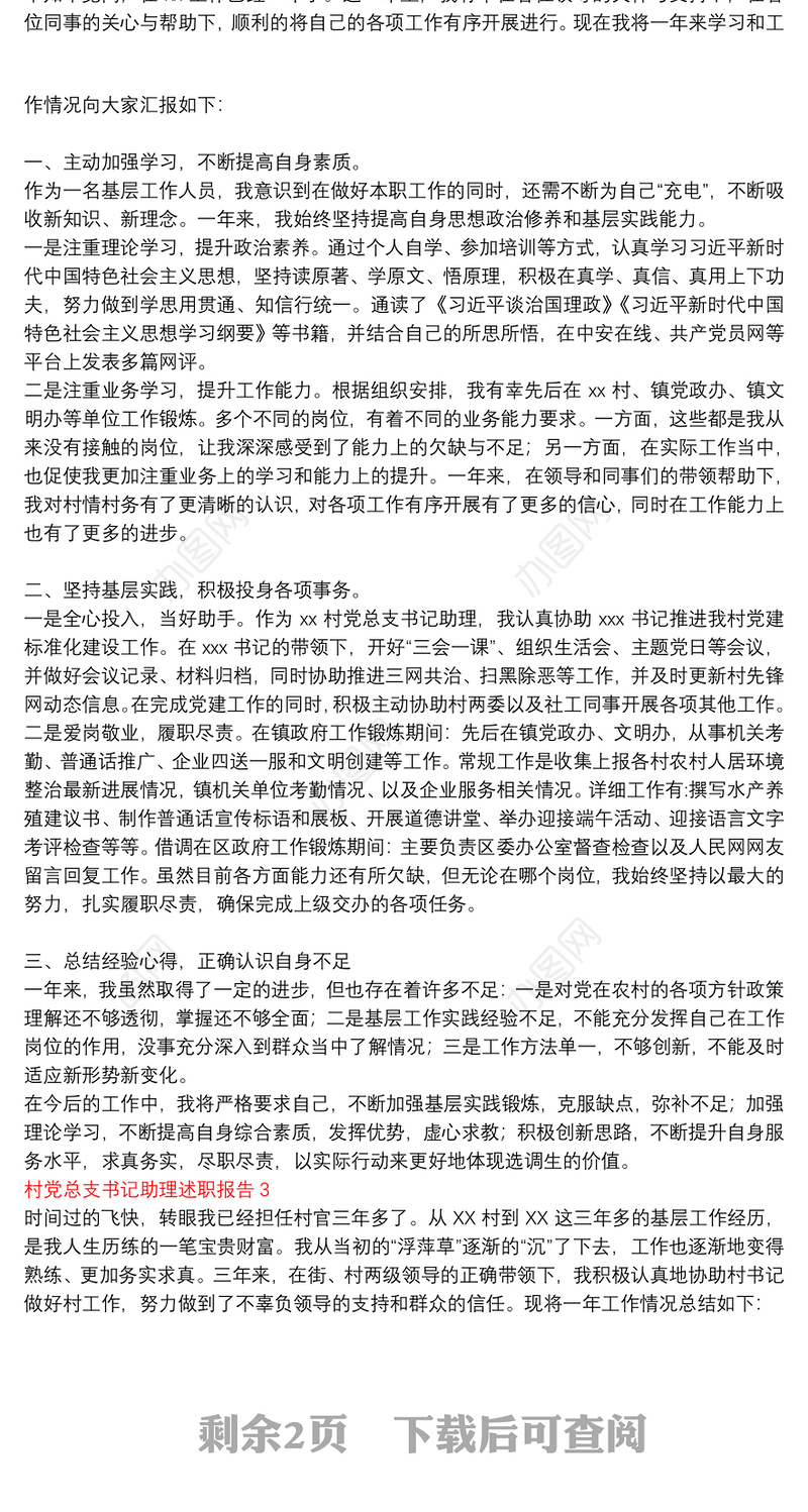 村党总支书记助理述职报告三篇