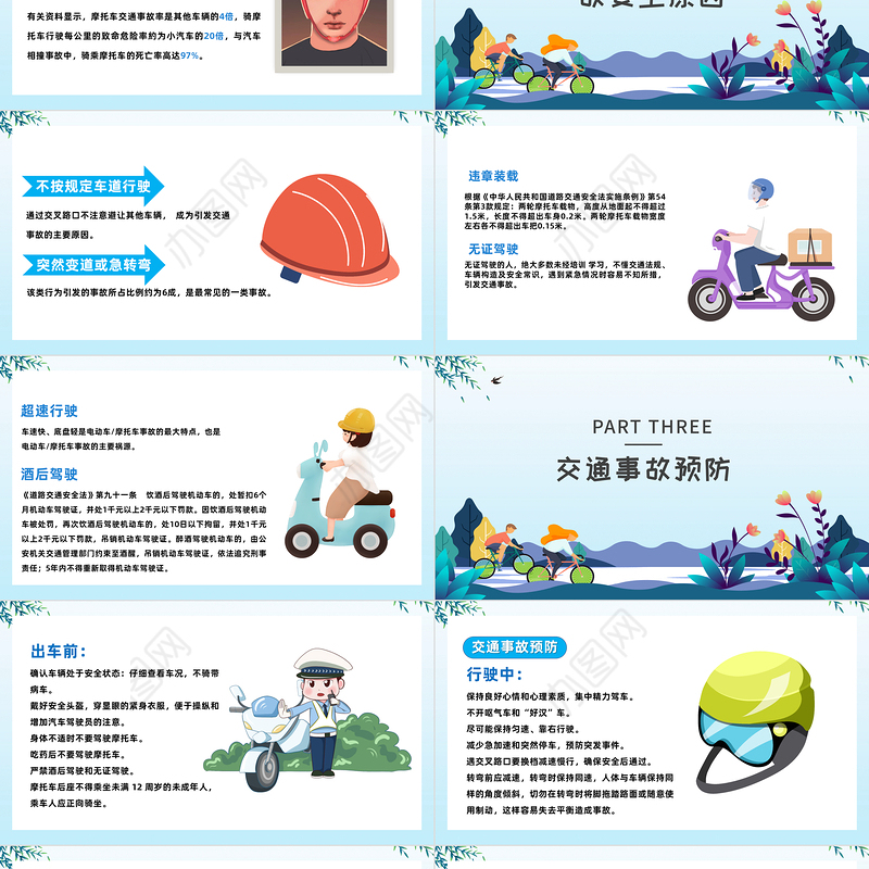2022佩戴头盔摩托车交通安全PPT卡通风守法规知礼让安全文明出行课件模板