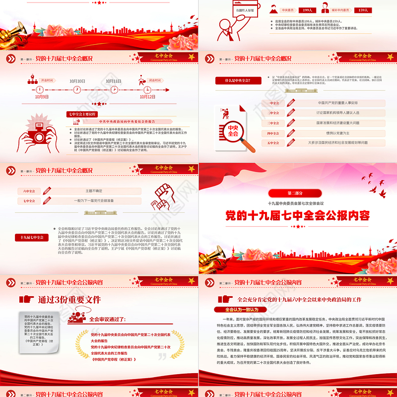 2022十九届七中全会公报PPT红色党建风中国共产党第十九届中央委员会第七次全体会议公报全文党课学习课件