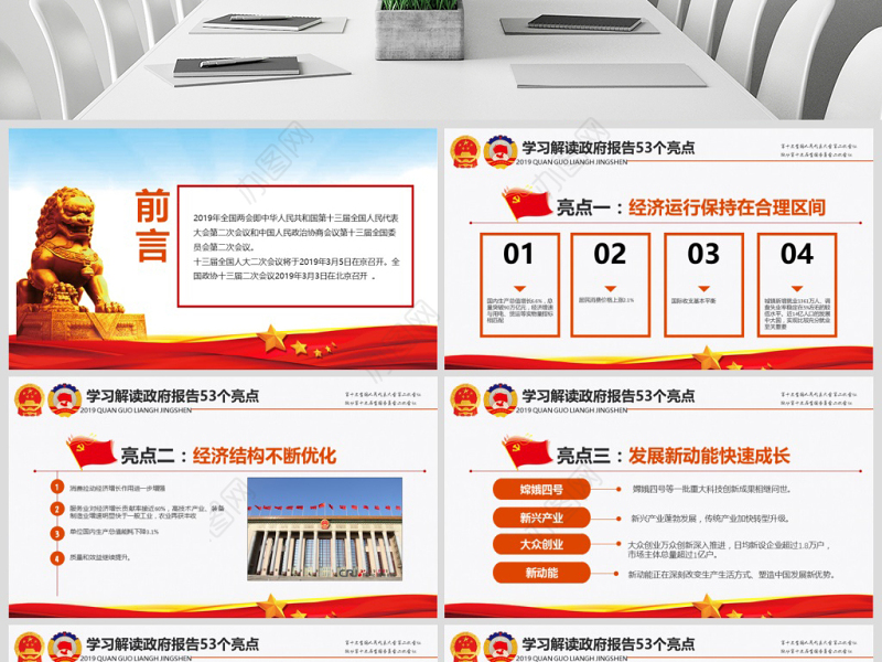 原创2019两会政府工作报告53个亮点PPT-版权可商用