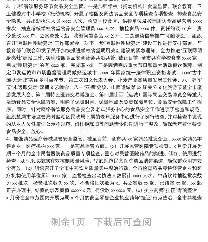 XX市市场监督管理局食品药品安全监管工作情况汇报