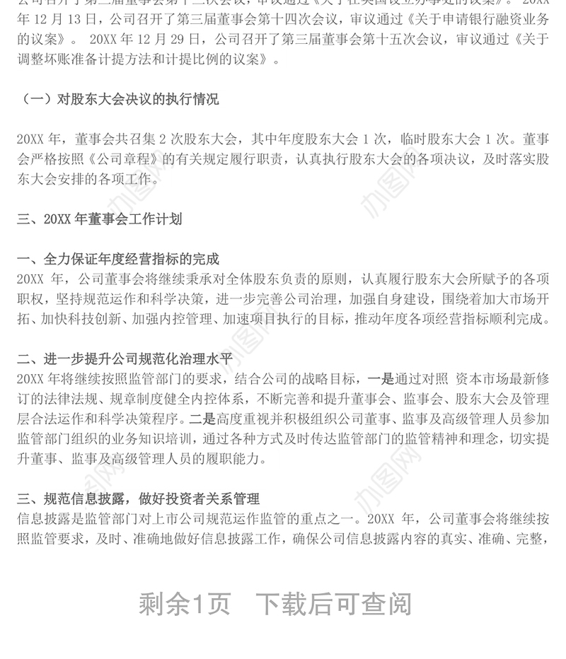 20XX年度董事会工作报告