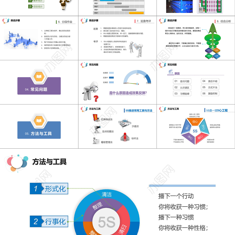 多彩蓝粉紫5S案例分析现场管理培训企业公司PPT模板