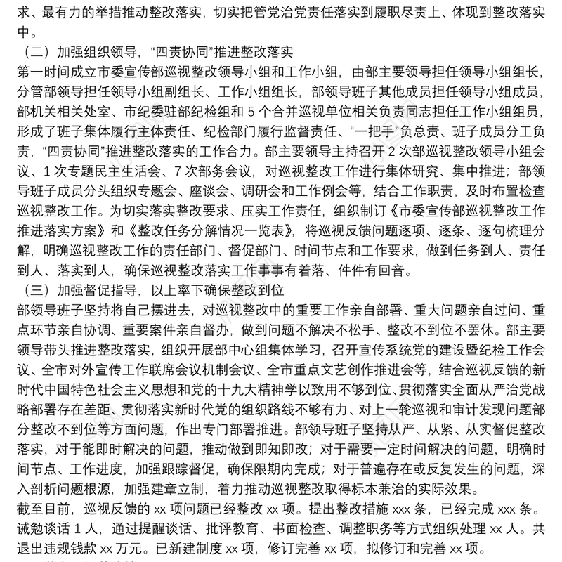 关于巡视整改工作进展情况报告