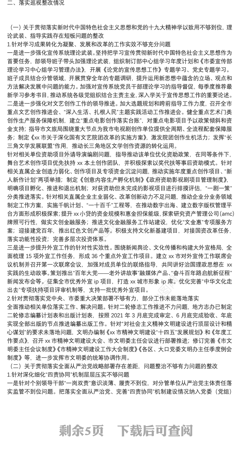 关于巡视整改工作进展情况报告