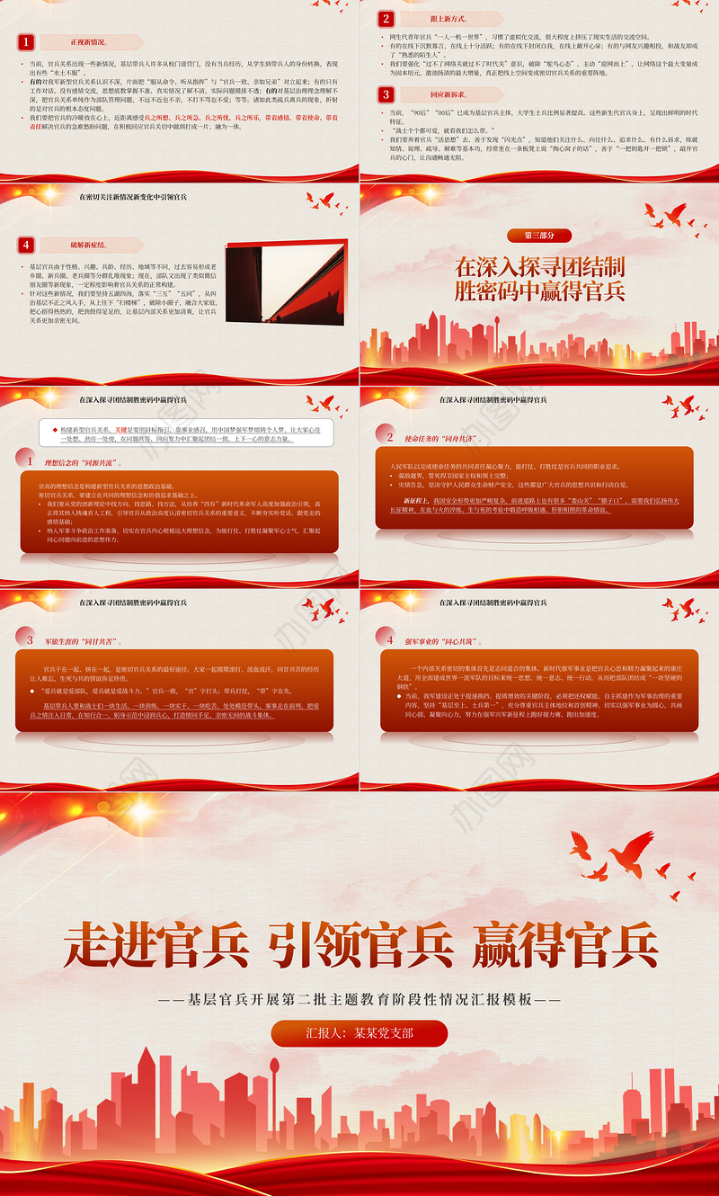 2023走进官兵引领官兵赢得官兵PPT精美大气风基层官兵开展第二批主题教育阶段性情况汇报模板
   