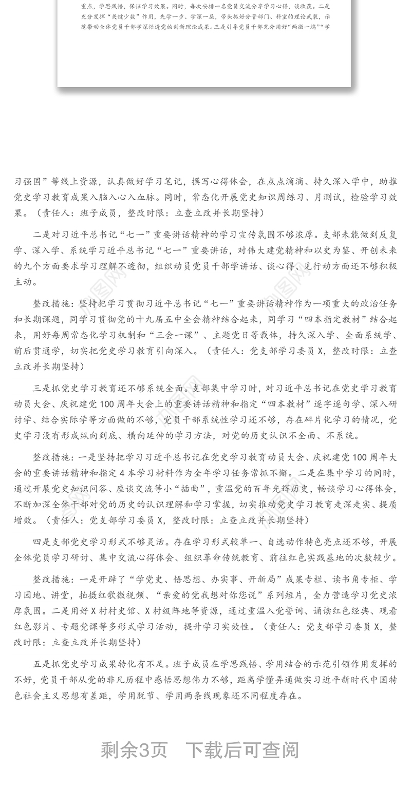 党支部班子党史学习教育专题组织生活会整改方案