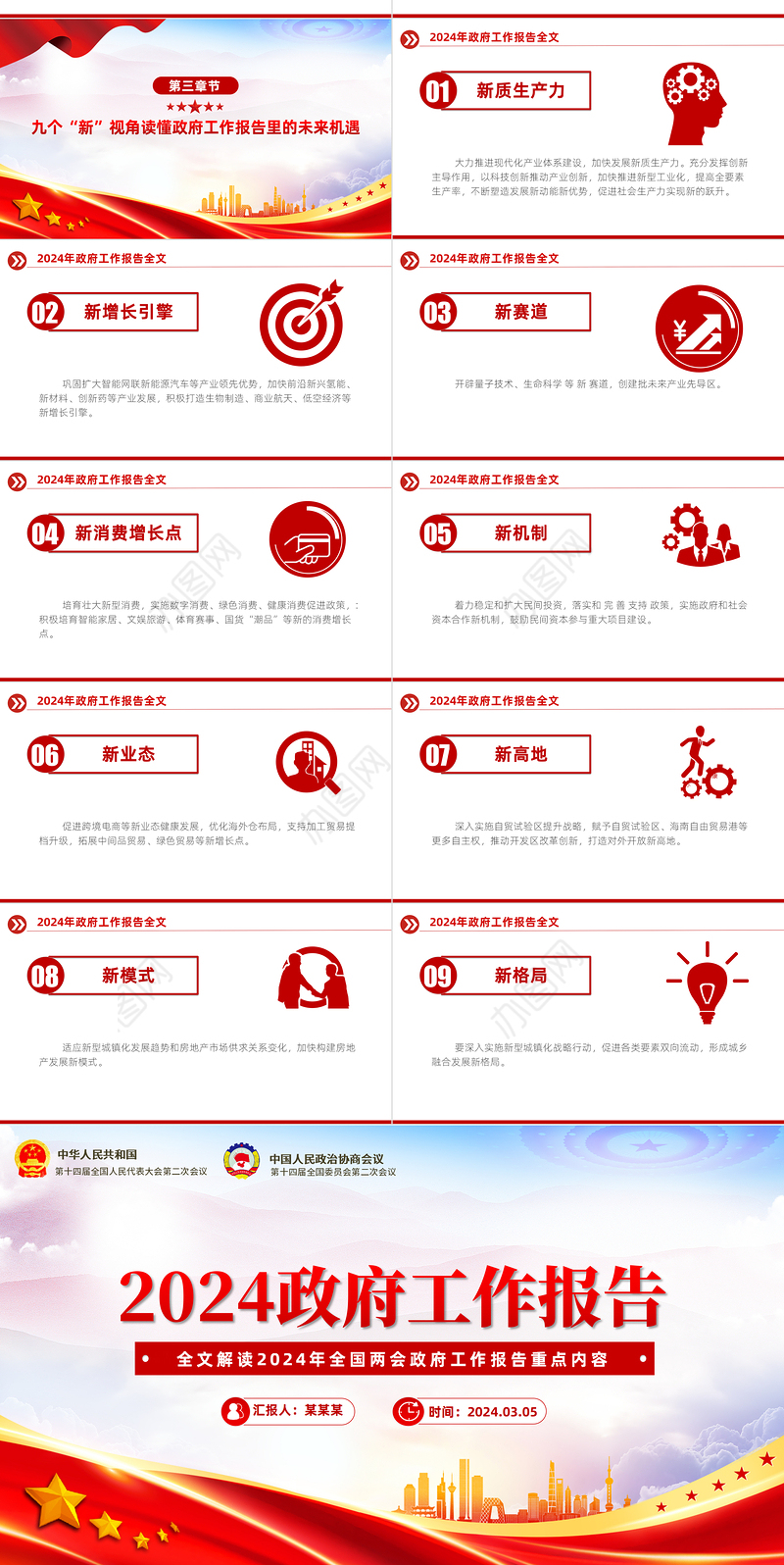 政府工作报告全文PPT大气华美2024两会内容精神学习辅导专题党课下载