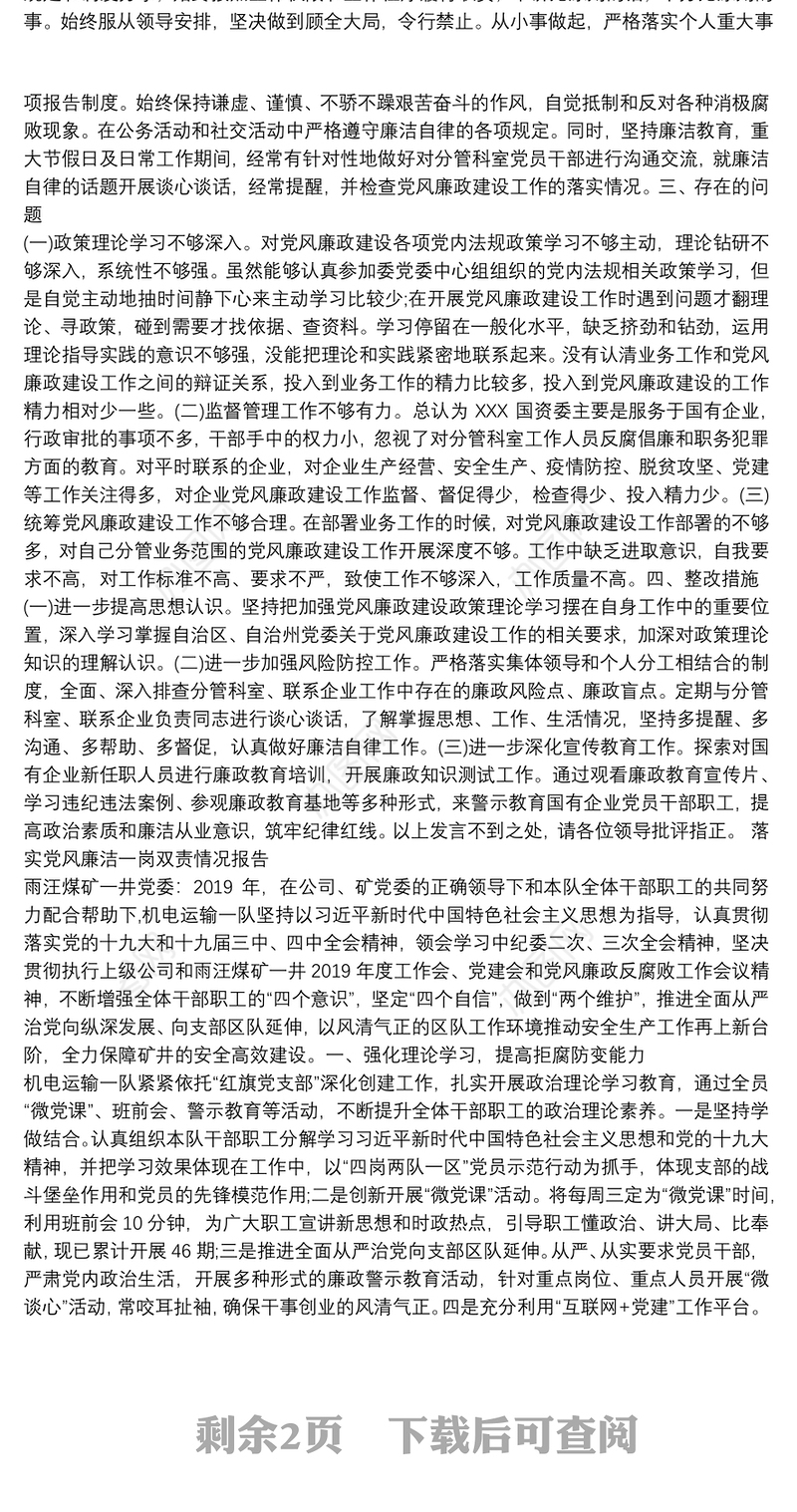 落实党风廉洁一岗双责情况报告