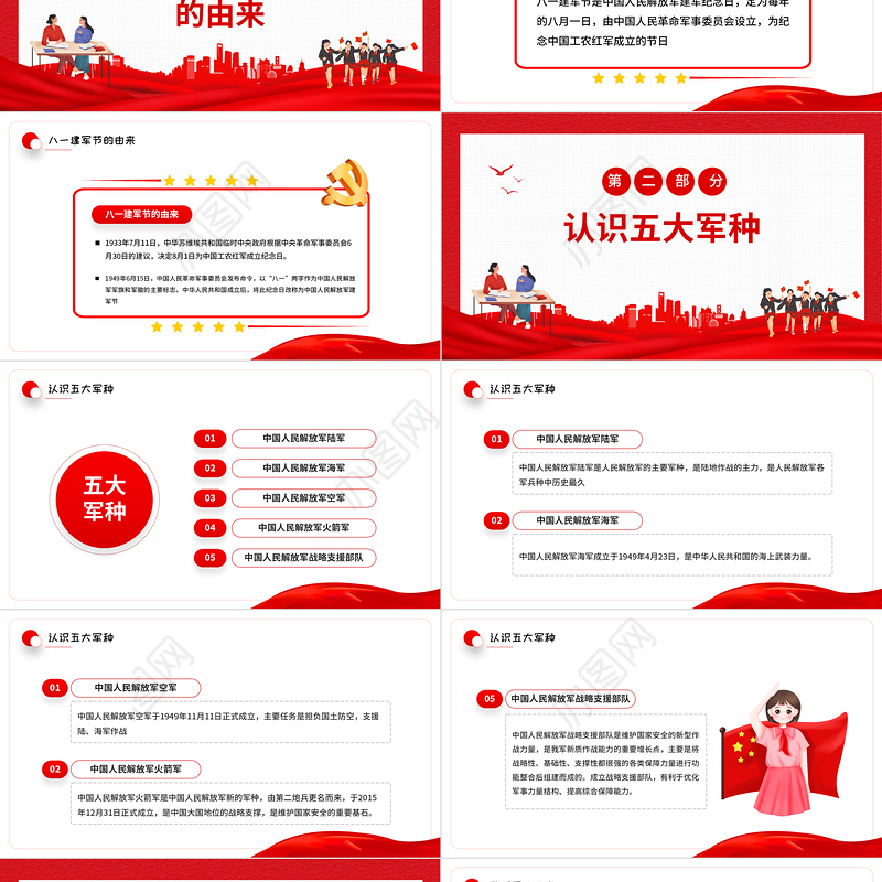 童心筑梦荣耀致敬PPT红色党政风2022年幼儿园八一建军节教育班会课件模板