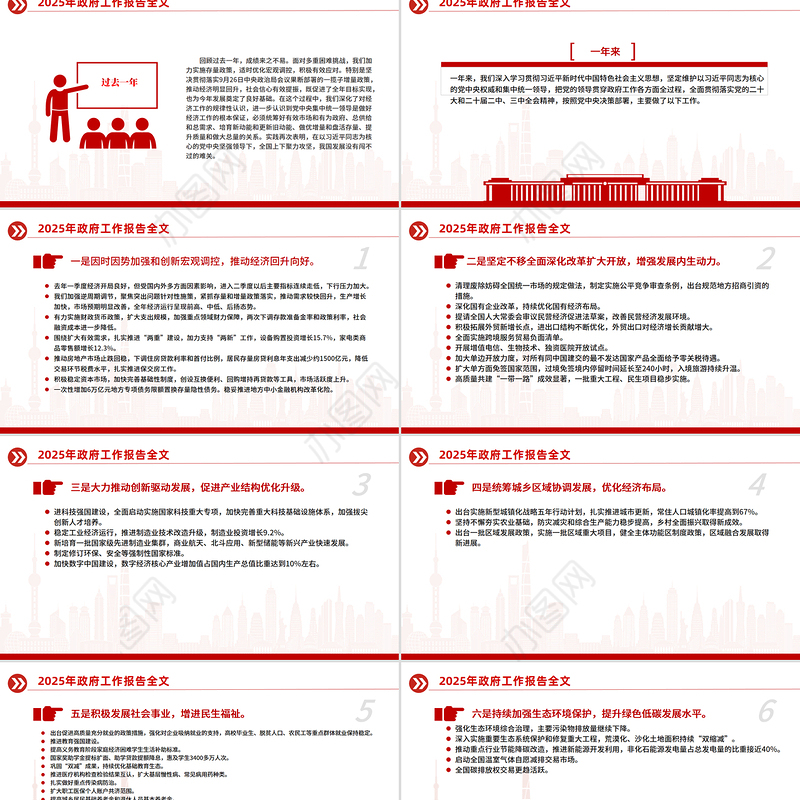 2025年政府工作报告全文PPT红色精美聚焦两会关注民生主题党课