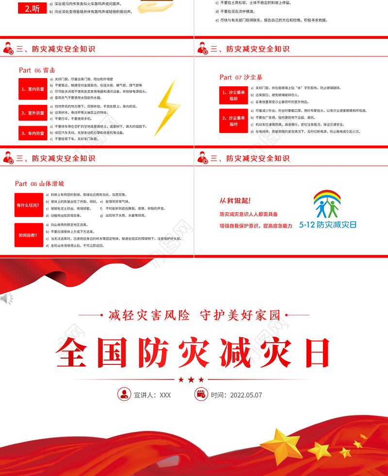 2022全国防灾减灾日PPT红色精美减轻灾害风险守护美好家园主题防灾减灾日专题课件模板