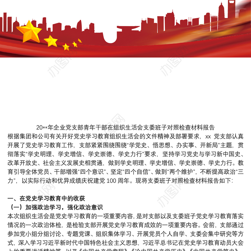 202120xx年企业党支部青年干部在组织生活会支委班子对照检查材料报告