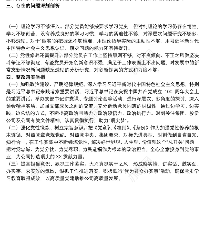 202120xx年企业党支部青年干部在组织生活会支委班子对照检查材料报告