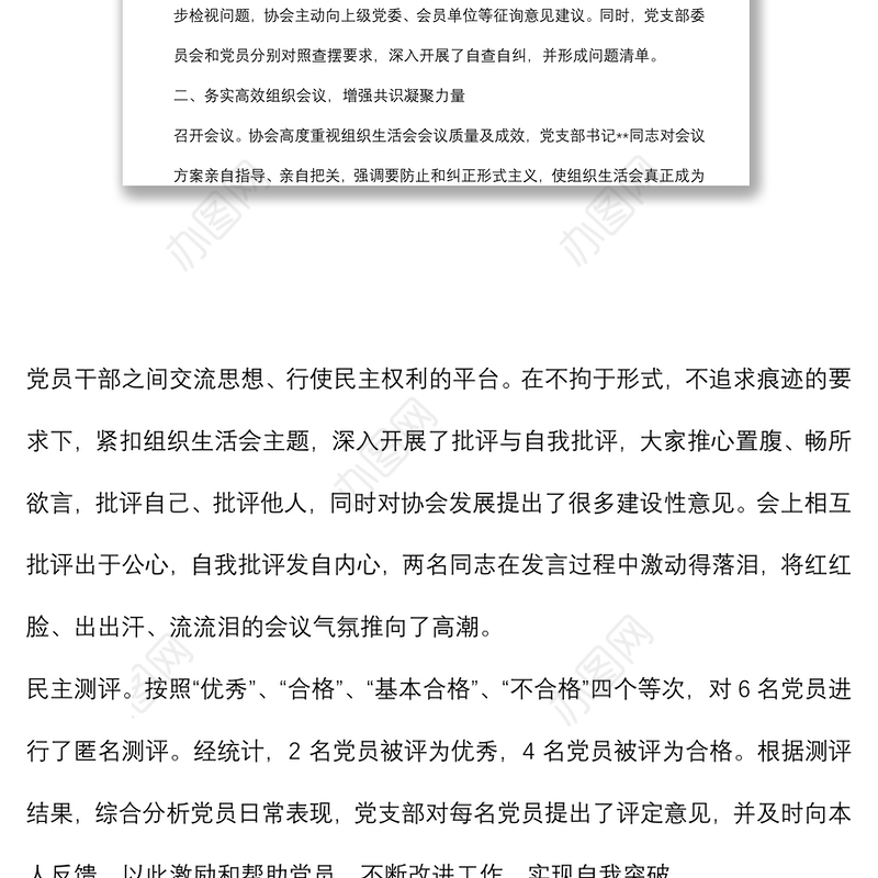 行业协会组织生活会和民主评议党员情况报告