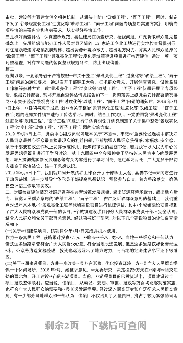 整治亮化工程形象工程政绩工程问题自查评估报告3篇