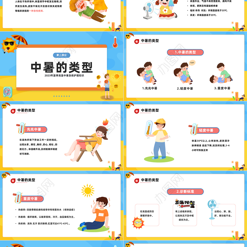 2023中暑病人的抢救护理PPT卡通风夏季高温中暑急救护理知识专题培训课件模板下载