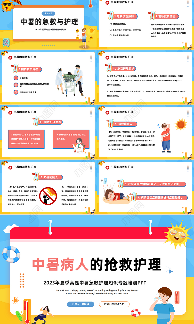 2023中暑病人的抢救护理PPT卡通风夏季高温中暑急救护理知识专题培训课件模板下载