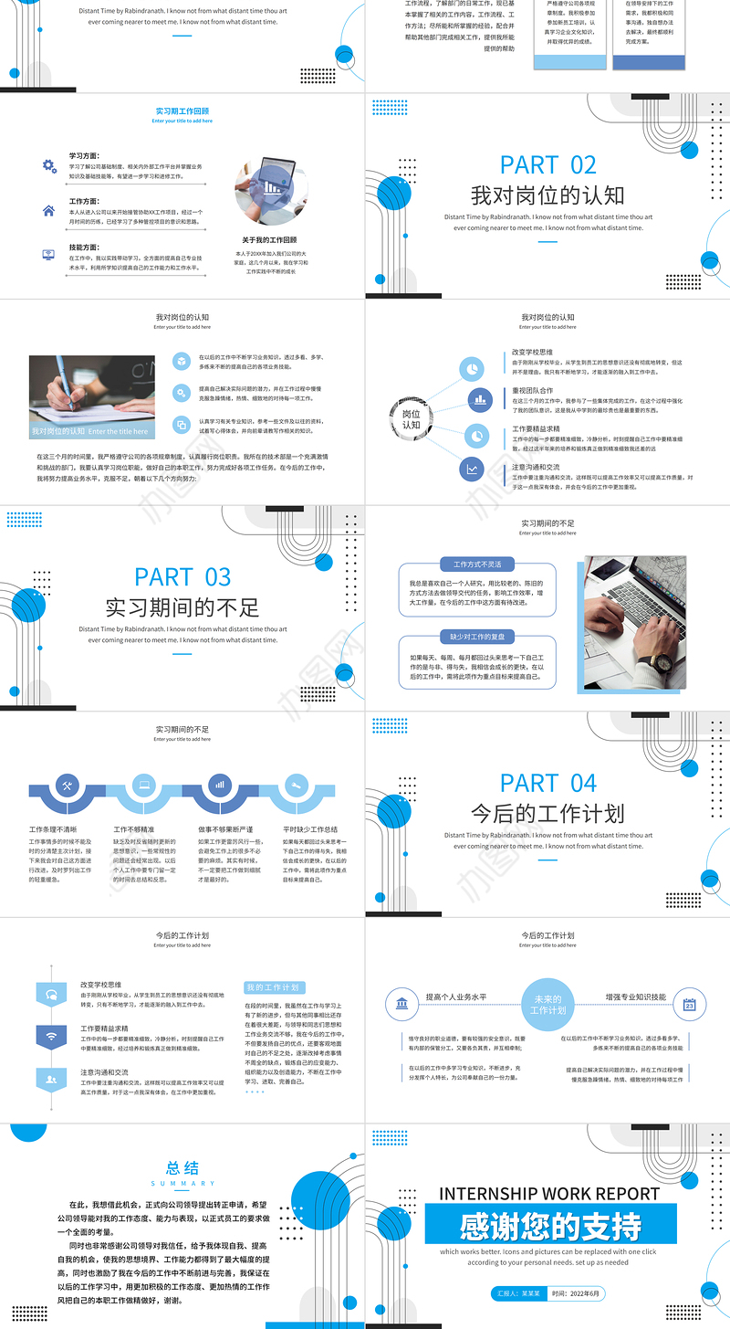 2022实习期转正述职PPT蓝色几何风实习生转正述职职级晋升述职报告含内容可编辑模板