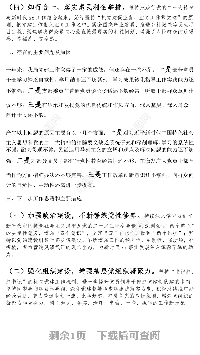 党支部2024年党建工作总结和下一步工作计划范文