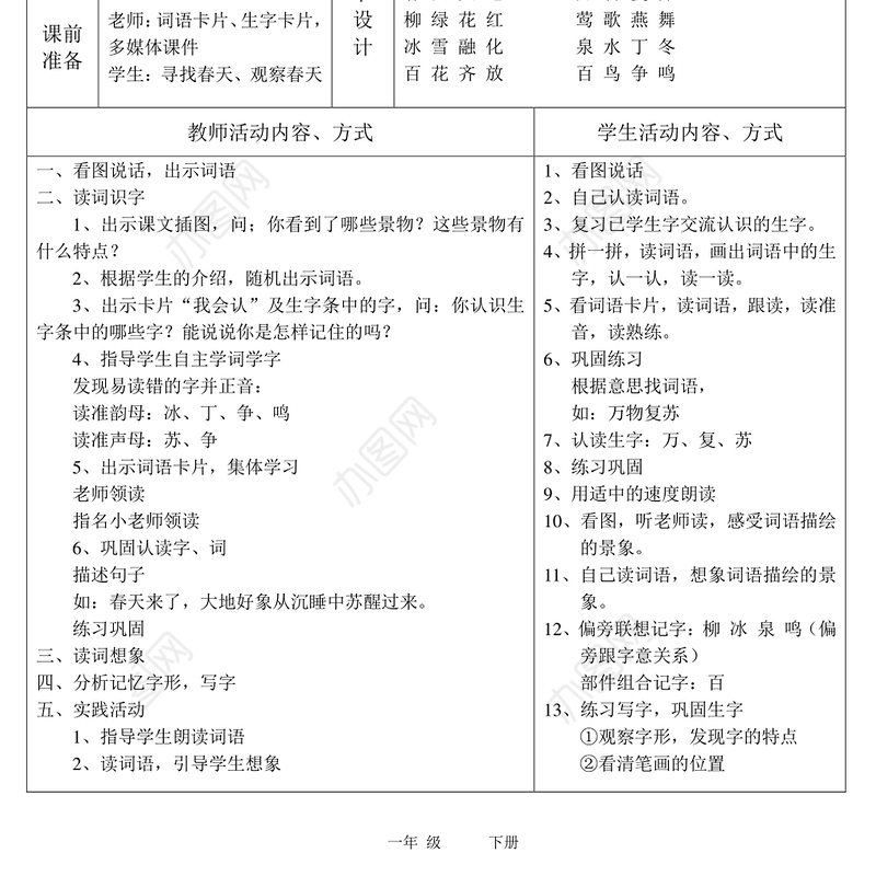 人教版小学一年级下册语文表格教案-103页