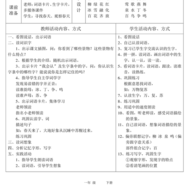 人教版小学一年级下册语文表格教案-103页