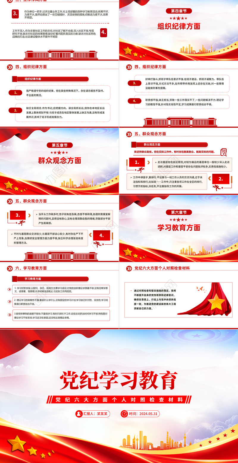 2024党纪学习教育六大方面个人对照检查材料PPT党课