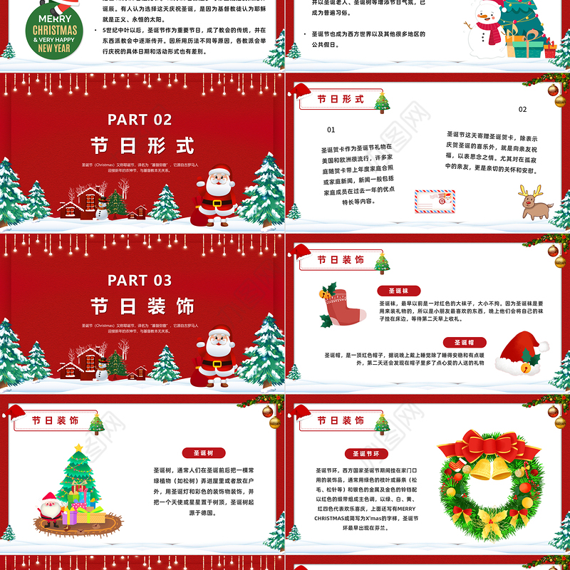 2022圣诞节主题PPT红色卡通风圣诞快乐主题介绍课件模板下载