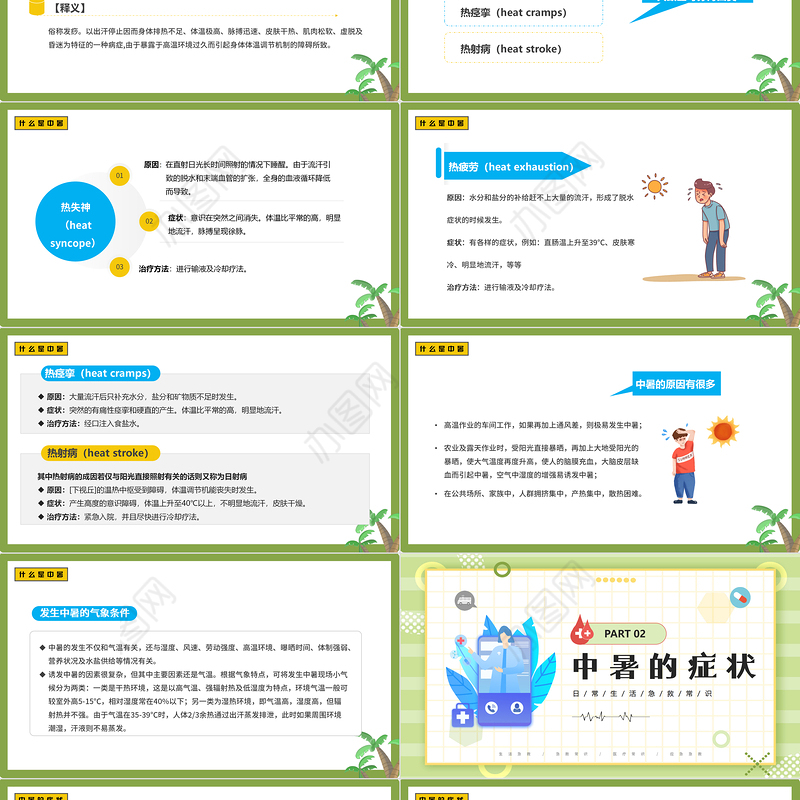 2022现场急救之中暑急救PPT蓝色卡通风生活急救小常识课件模板
