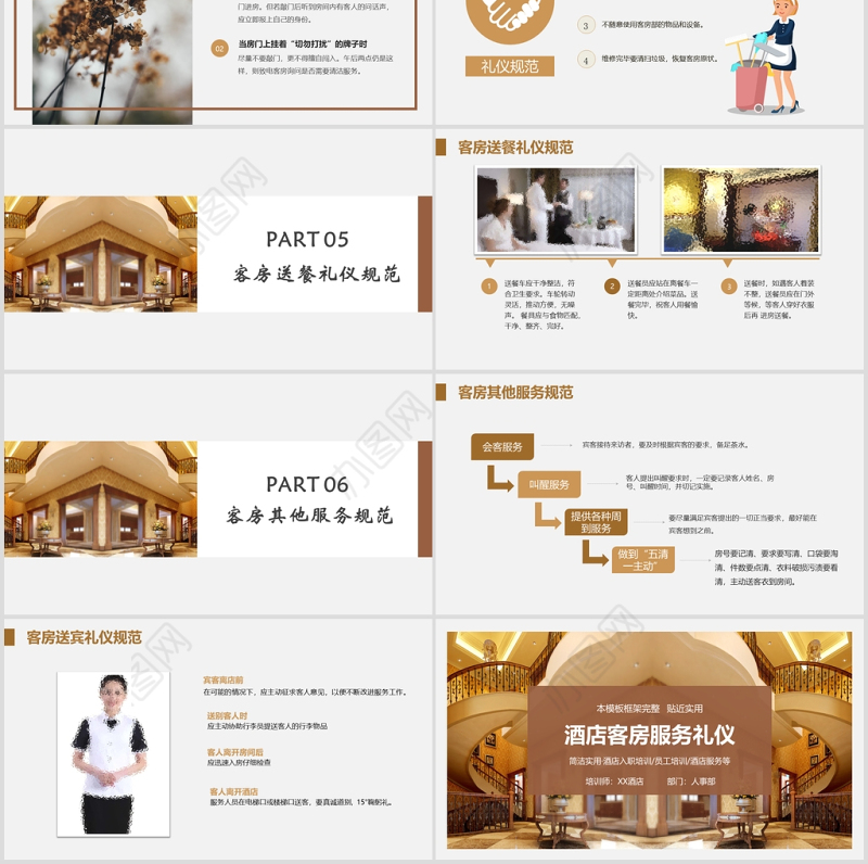  棕色框架完整接近实用酒店客房服务礼仪培训PPT模版