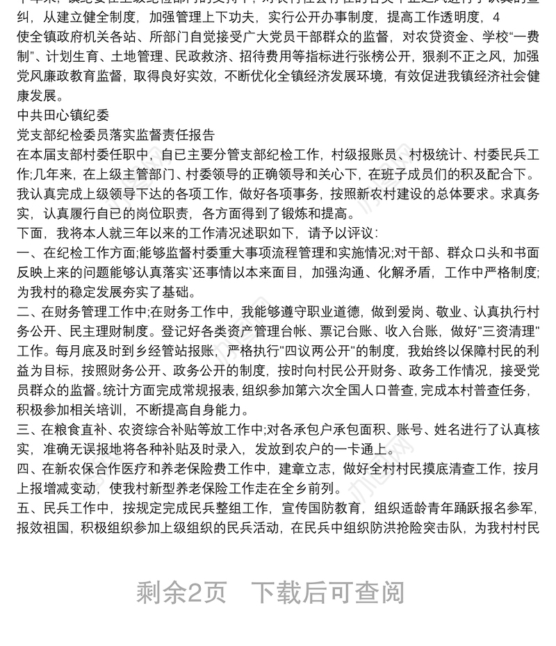 党支部纪检委员落实监督责任报告三篇