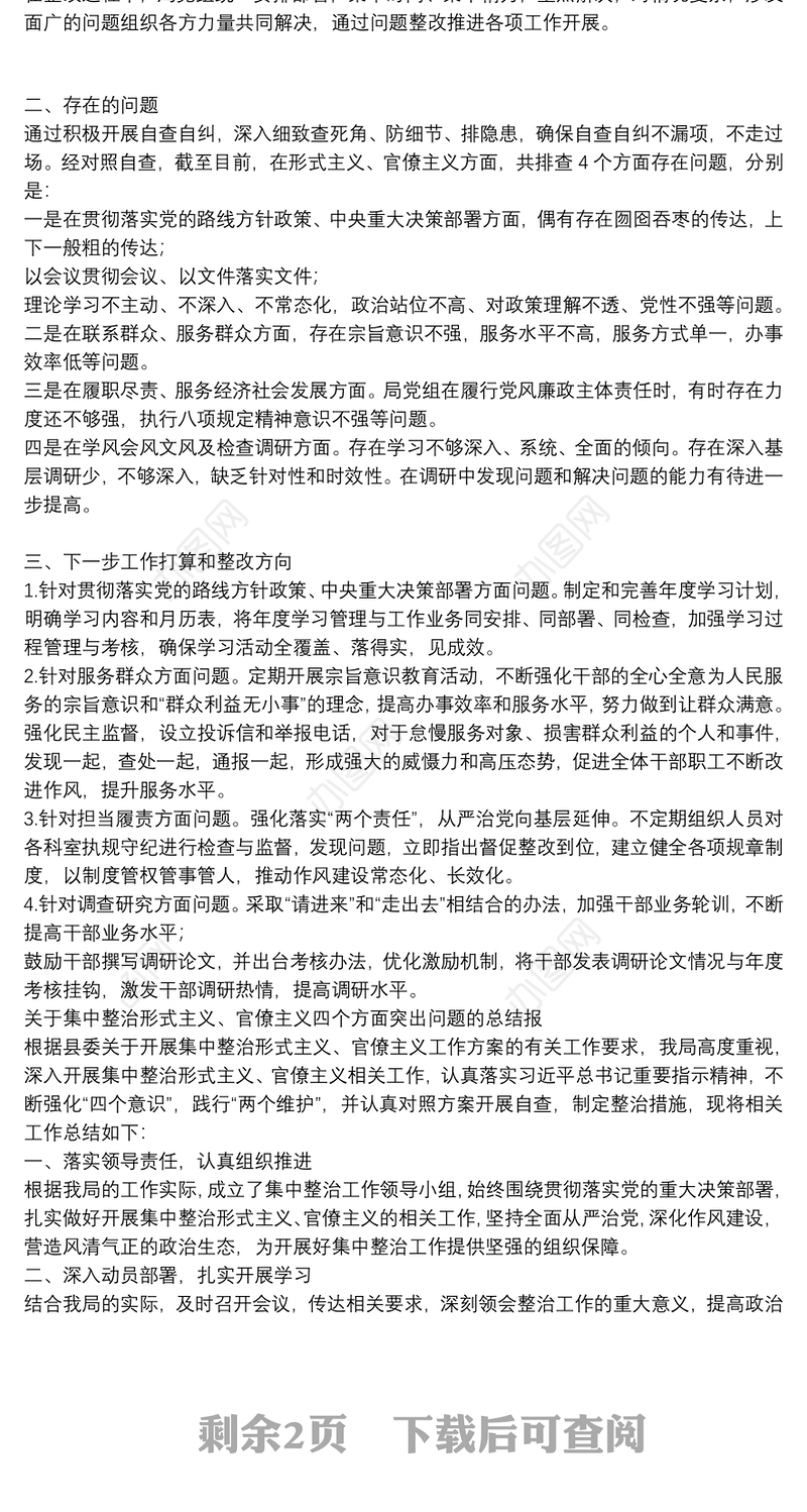 关于集中整治形式主义、官僚主义四个方面突出问题的总结报