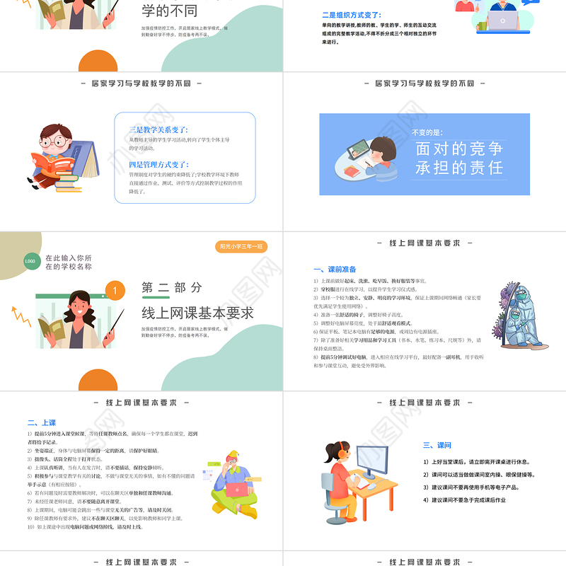 2022疫情网课学习PPT卡通风疫情居家上课注意事项主题课件模板