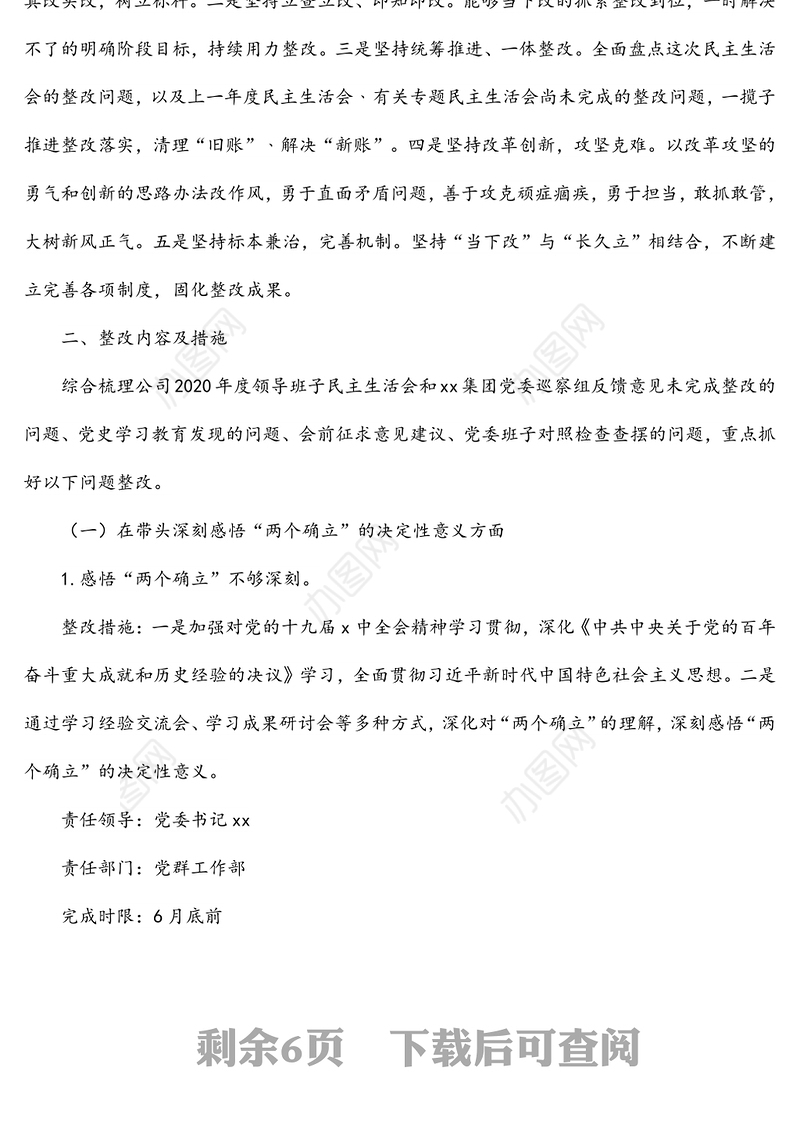 国企党委班子党史学习教育专题民主生活会整改方案